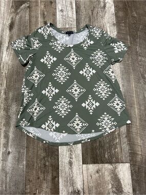 Olive Aztec-Print Short Sleeve Scoop Neck Tee